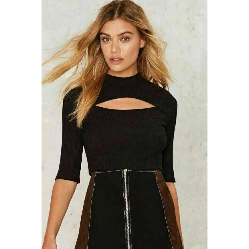 NUDE Nasty Gal Womens Black Knit Highest Peek Ribbed Crop Top Size L